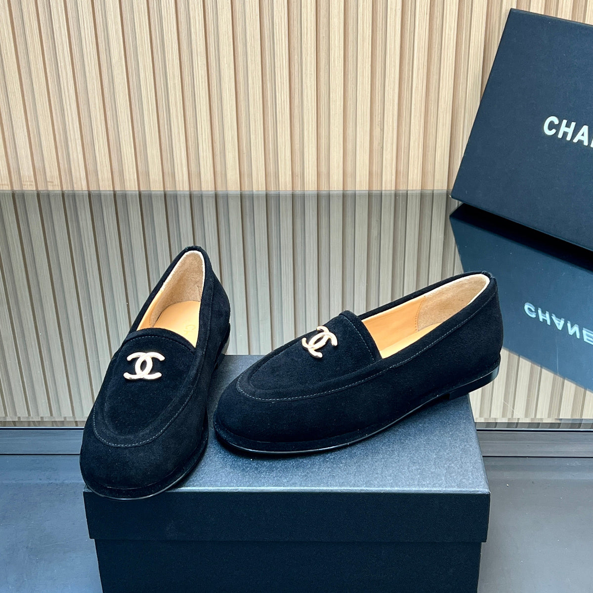 CHANEL 25S TEDDY LOAFER 15MM IN BLACK SUEDE