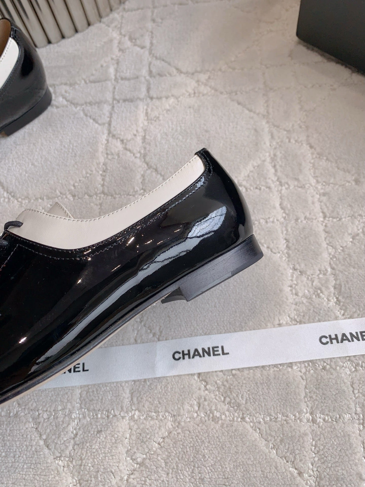 CHANEL 25S TWO TONE LACE UP IN BLACK AND WHITE SHINY CALFSKIN