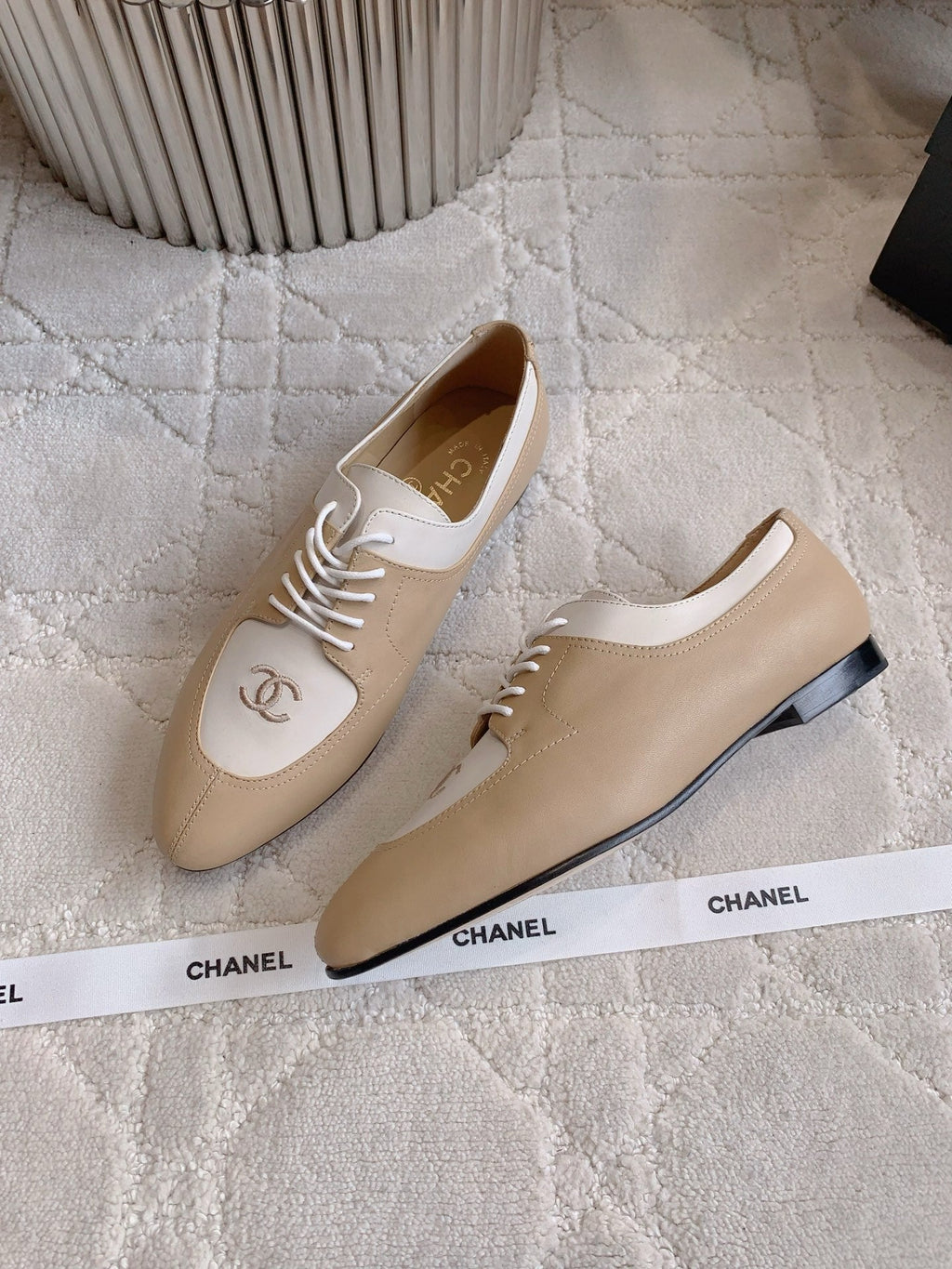 CHANEL 25S TWO TONE LACE UP IN BEIGE CALFSKIN