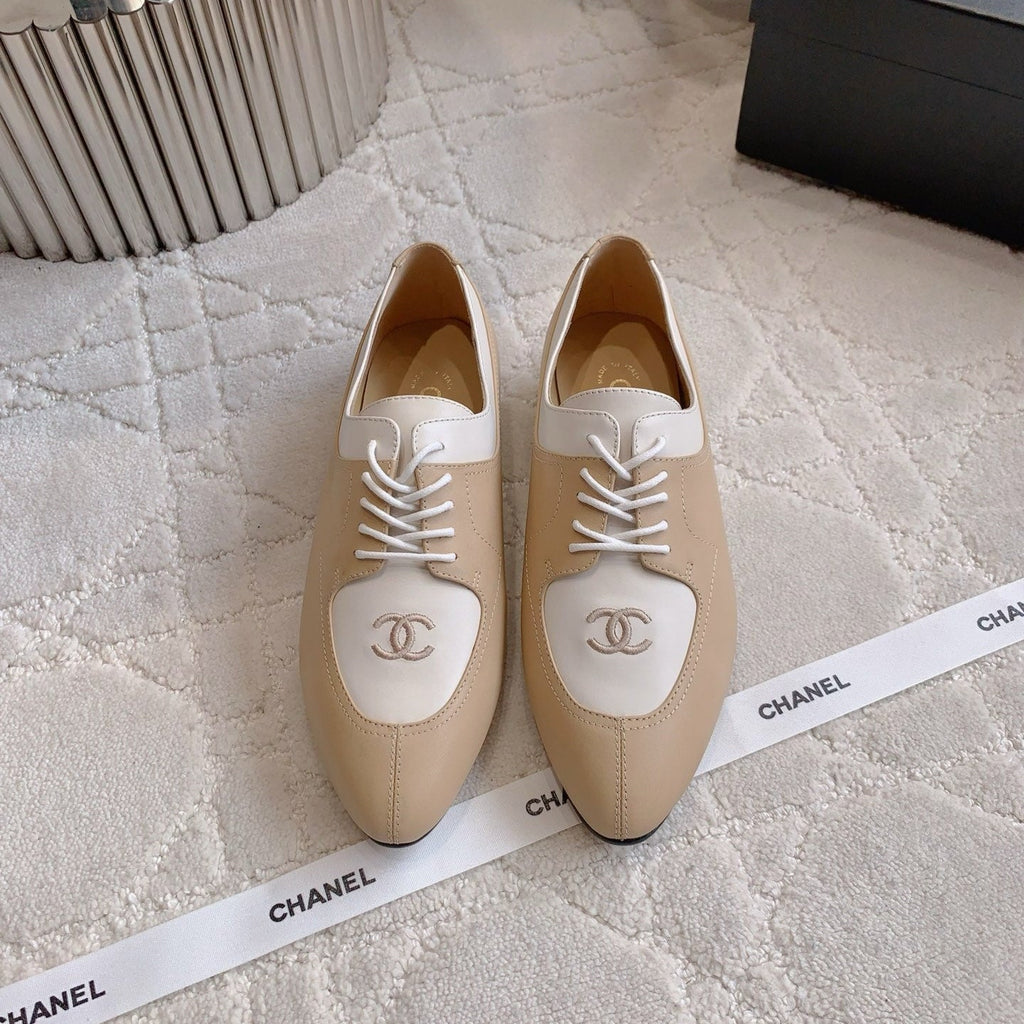 CHANEL 25S TWO TONE LACE UP IN BEIGE CALFSKIN