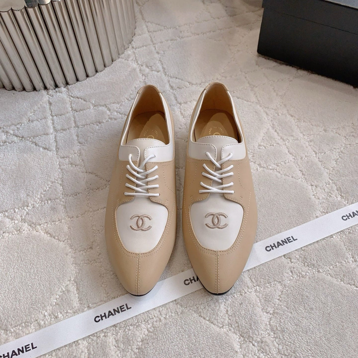 CHANEL 25S TWO TONE LACE UP IN BEIGE CALFSKIN